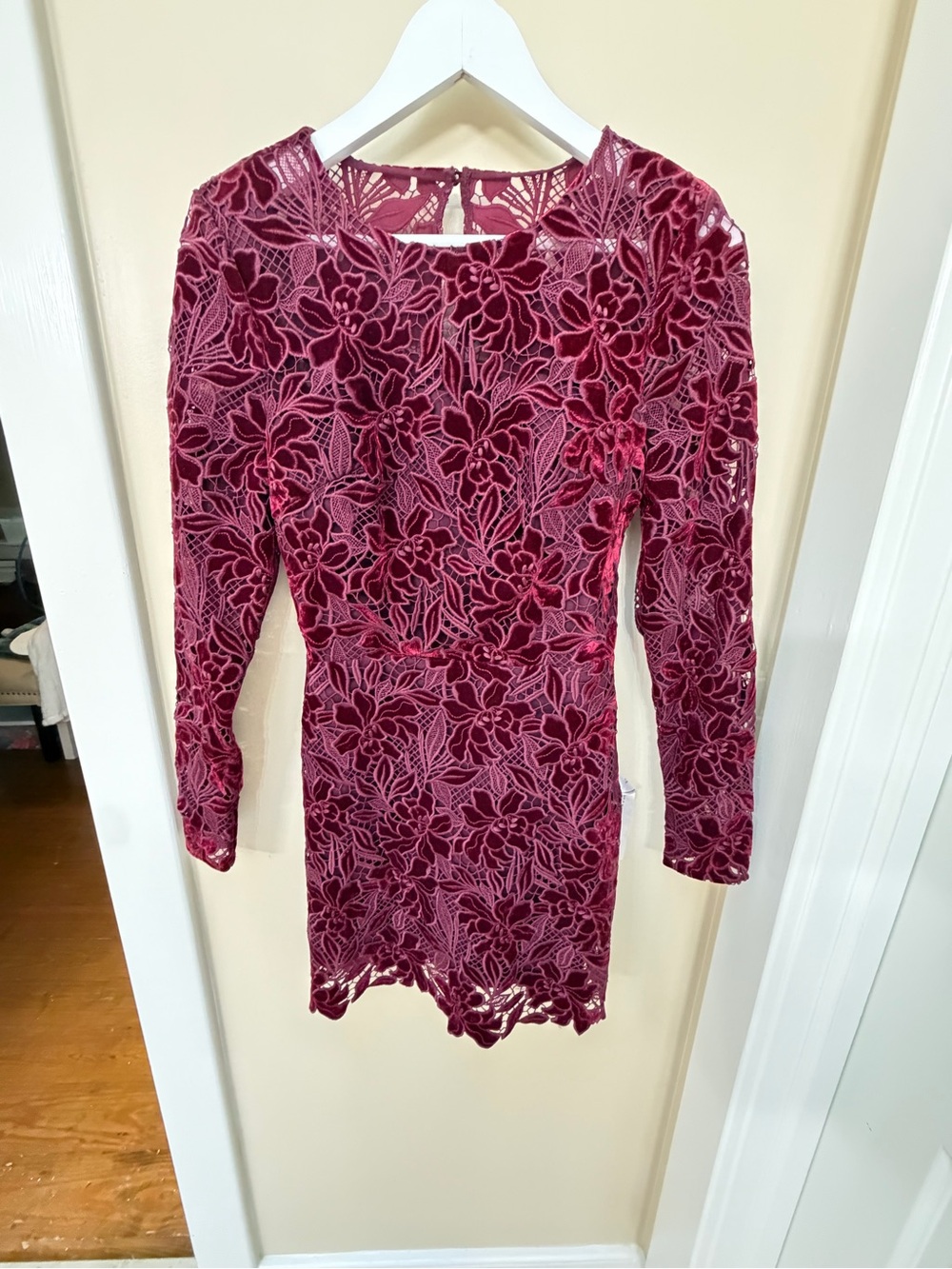 Dress the Population Burgundy Floral Lace Long-Sleeve Mini Dress NWT